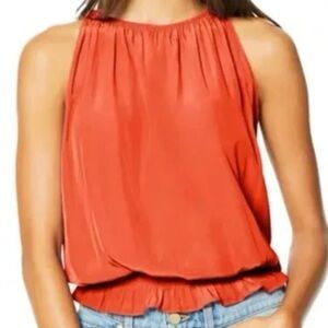 NWOT Ramy Brook orange satin smocked waist high neck top